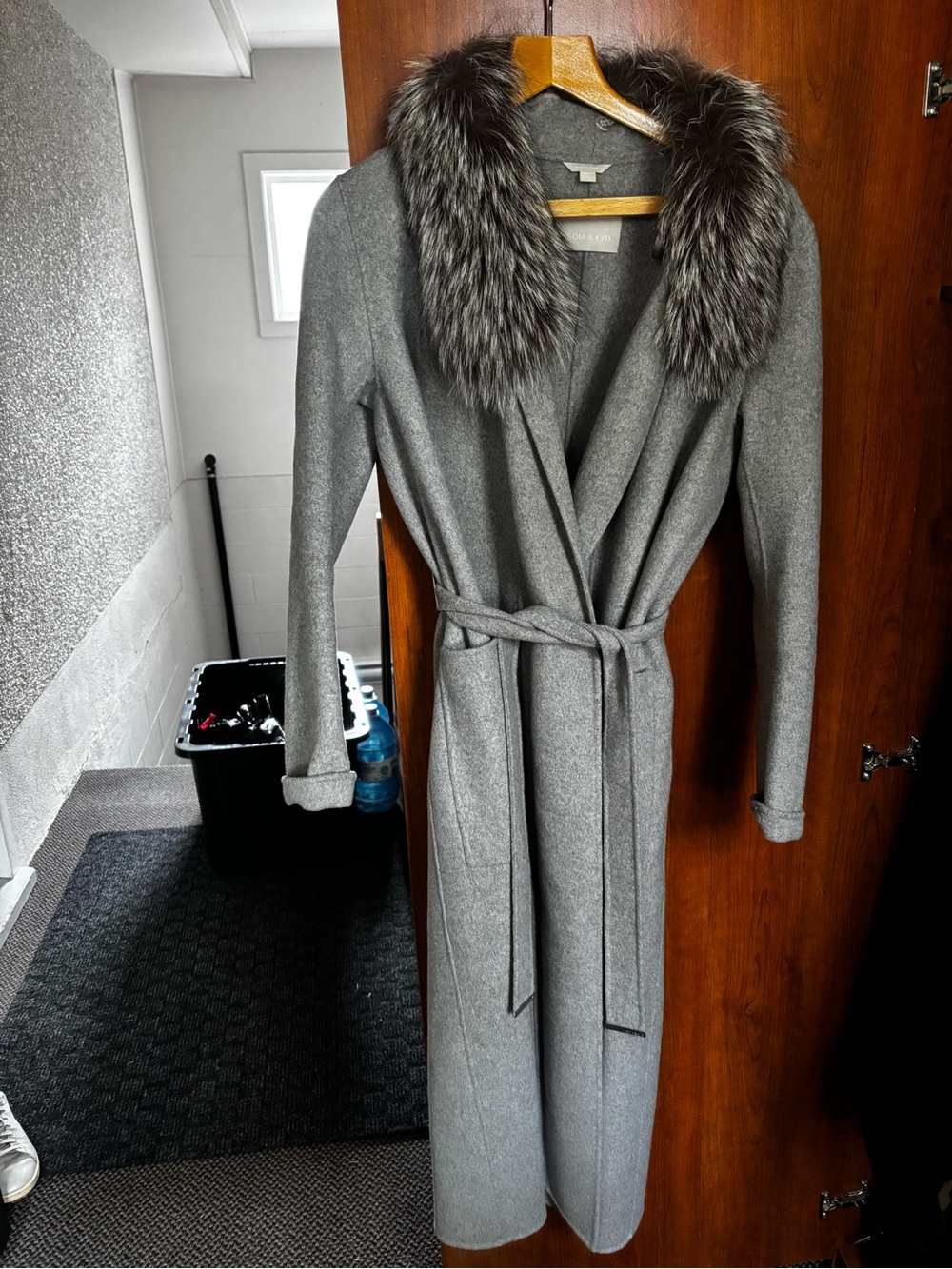 Soia & Kyo Gray Maxi Wrap Coat with Faux Fur Collar